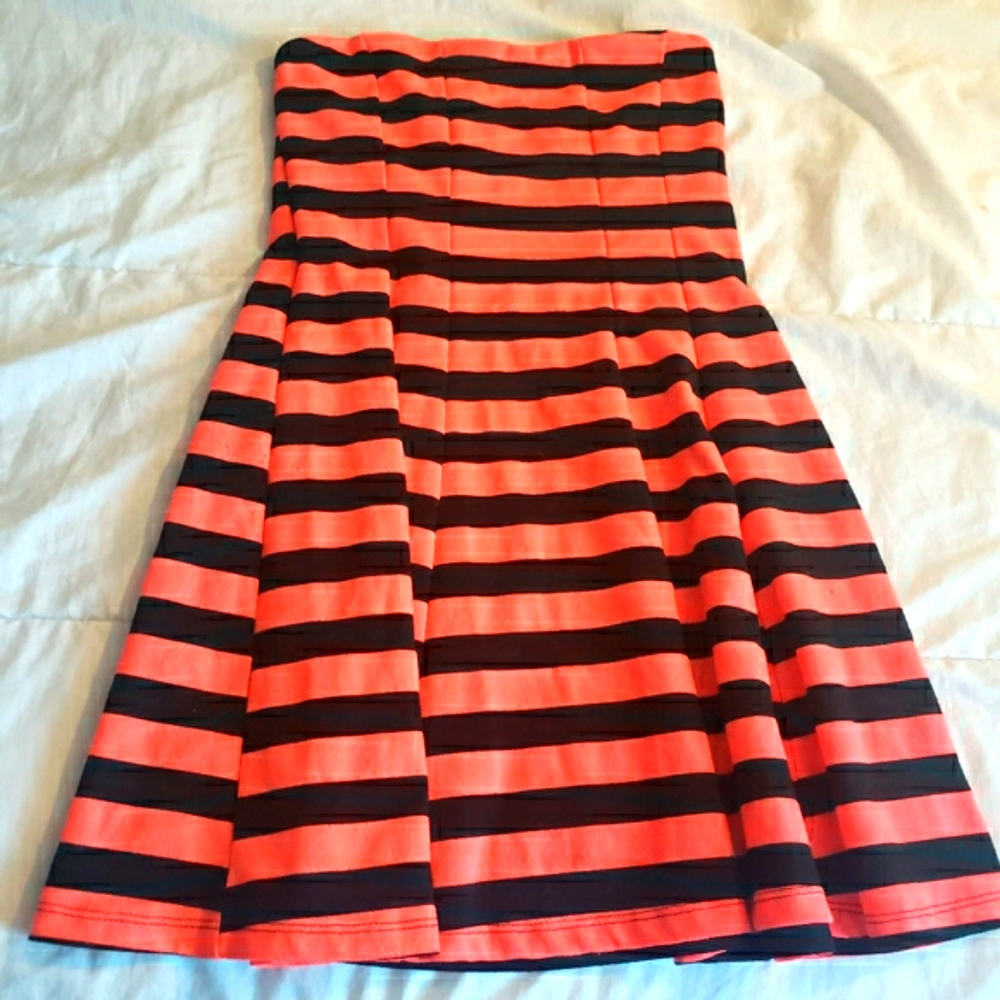 Strapless Dress Stripe Black Neon Orange